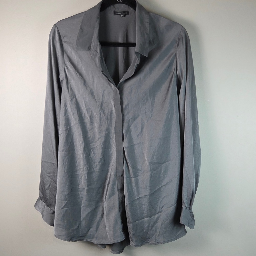 Eileen Fisher Button Down Women XL Grey Excellent Silk Blend Stretch Blouse
